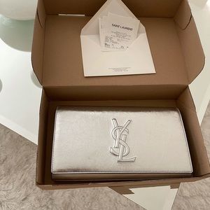 YSL metallic silver leather clutch